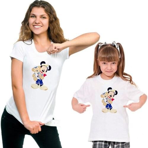 Kawaii Mickey Is Holding The Disney Bear T Shirts Women New Tops Children T-shirt Loose Tshirt Tee White Family Matching Clothes