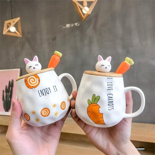 400ml Cartoon Ceramic Cup with Lid Carrot Rabbit Spoon Coffee Mug Tea Milk Creative Trend Couple Cup For Girls Student Gift Cup