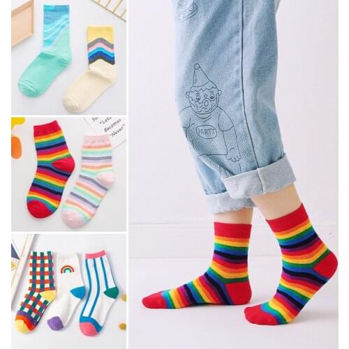 Hot Rainbow Striped Fashion Women Socks Cotton Colorful Harajuku Funny Happy Kawaii Candy color Soft Classic Girls Sockings
