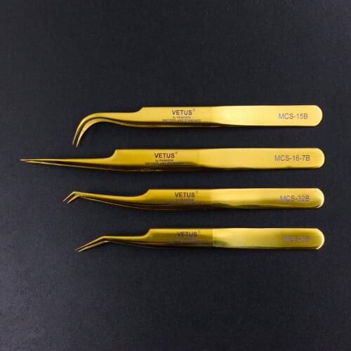 VETUS Golden Eyebrow Tweezers High Precision 3D Volumn Eyelash Extension Tweezers Excellent Closure Professional Makeup Tool
