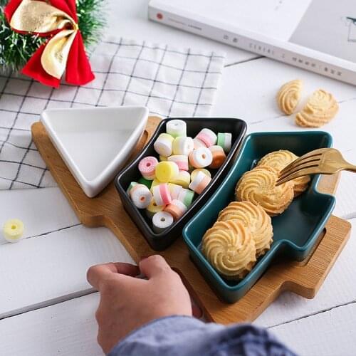 Christmas Tree Tray Full set Ceramic Bamboo Snack Plate Fruit Bowl Dish Tableware Breakfast Tray Home Decoration supply 28cm