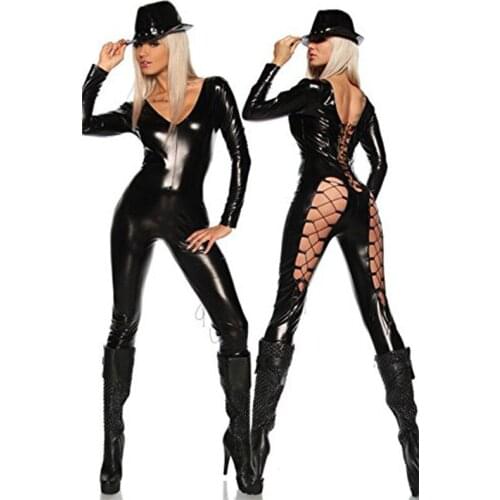 Sexy Long Sleeves Faux Leather Jumpsuit Women Backless Lace Up Bodysuit PU Romper Latex Catsuit Pole Dance Costume Culbwear