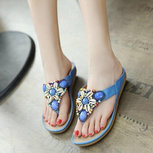 Flip-Flat Ethnic Style Womens Shoes Bohemian Beach Slipper Seaside Shoe Retro Beaded Shell Large Size Slides Summer Slippers