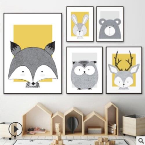 Nordic Modern Simple Decorative Painting Creative Cartoon Animal Mural Rabbit Fox Canvas Painting Oil Painting Animal Poster