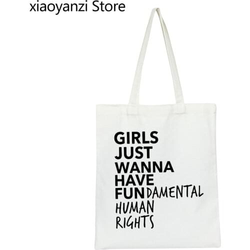 Feminist Feminism Shoulder Canvas Bag Girls Just Wanna Have Fundamental Human Rights Letter Print Student Book Bag Handbag