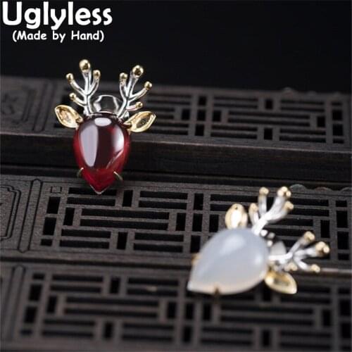 Uglyless Natural Animals Deer Brooches Studs Earrings Rings for Women Chalcedony Garnet Jewelry Sets Real 925 Silver Elk Bijoux