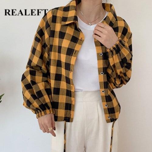 REALEFT One Pocket Vintage Plaid Turn-down Collar Womens Shirts 2021 New Autumn Puff Sleeve Female Outwear Tops Workwear Jacket