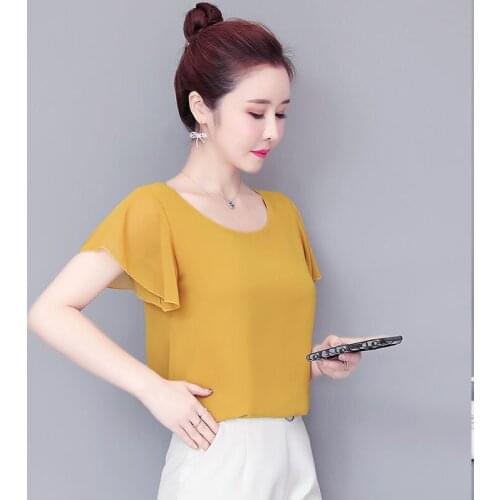 Women Spring Summer Style Chiffon Blouses Shirts Lady Casual Short Flare Sleeve O-Neck Chiffon Blusas Tops ZZ0736