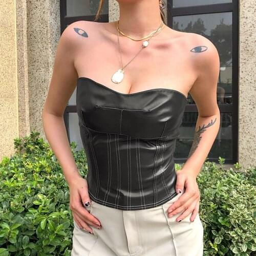 SEASONS Fashion Motorcycle Style Sleeveless Camisole PU Leather Crop Top Sexy Slim Fit For Women Street Outing Club ASVE83878