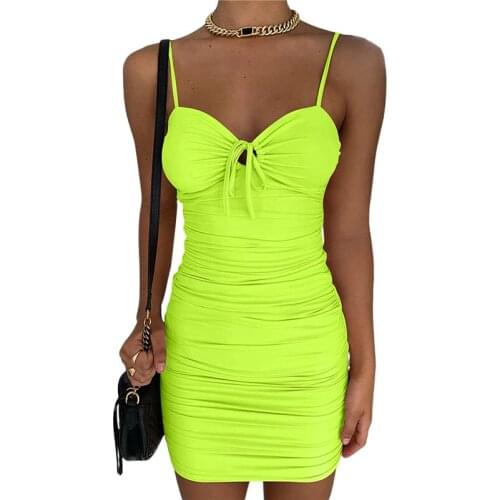 Sexy Ladies Tie-up Spaghetti Straps Backless Bodycon Mini Dress Solid Color V-neck Sleeveless Ruched Vestidos Women Party Club