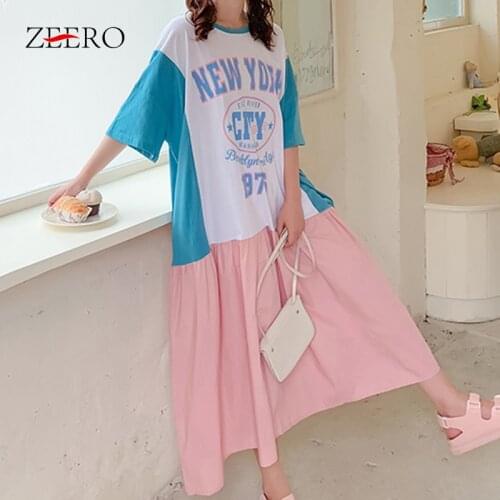 Woman Casual Print Letter Splicing Color Loose Dresses for Women Summer Raglan Sleeves Midi Dress Vestido De Mujer Plus Size 3XL