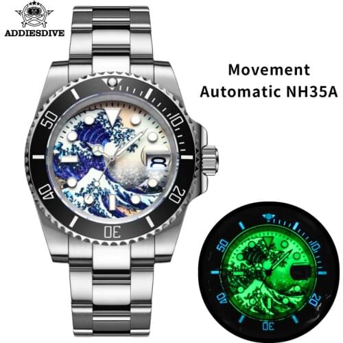 Addiesdive Automatic Watches surf Black C3 bgw9Luminous Dial Ceramic bezel 20bar Waterproof Stainless Steel NH35 Mens Dive watch