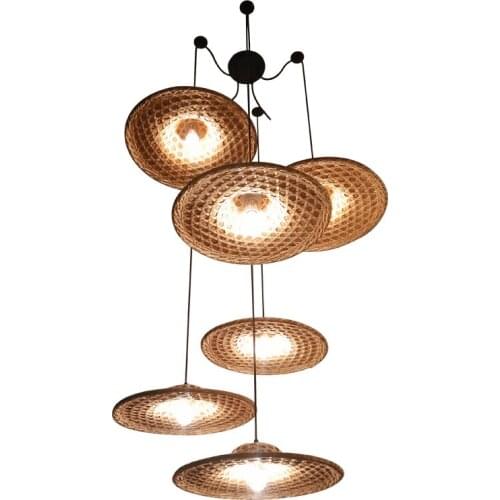 Bamboo Hat Pendant Lamps D40cm 1 3 6 heads Hanging Lamp Simple Stairs light Parlor Study Hotel home lighting Pendant Light G070