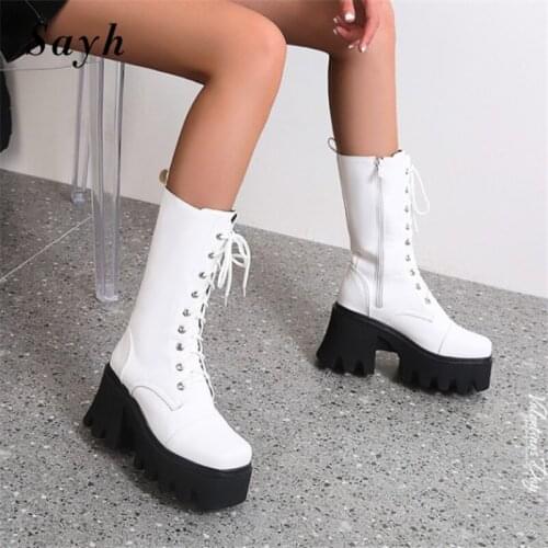 Fashion Chelsea boots Winter Woman Mid Calf Boots Square Toe Platform Boots High Heels PU Leather Shoes Size Plus