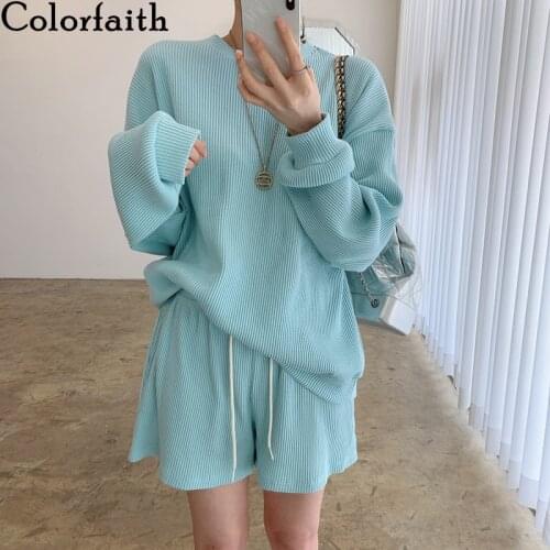 Colorfaith 2021 New Summer Autumn Women Sets 2 Piece Outfits Matching Short High Waist Tracksuits Korean Wild Lady Suits WS3811