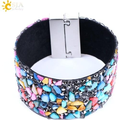 CSJA Natural Irregular Gravel Stone Crystal Magnetic Wrapped Wristband Bracelet Wide Leather Cuff Bangles for Women Jewelry F152