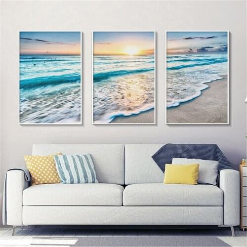 Sunrise Golden Light Coastal Decorative Painting Beach Canvas Poster Blue Sea Landscape Picture Waves Canvas Print Wall Art
