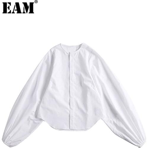 [EAM] 2021 New Spring Summer Stand Collar Long Lantern Sleeve Temperament White Loose Shirt Women Blouse Fashion Tide JI516