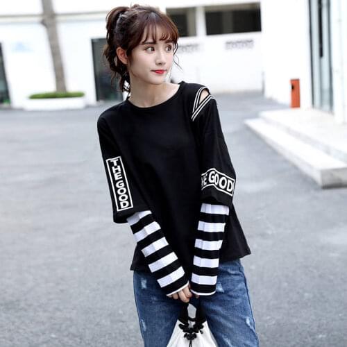 2021 Japan Hip Hop T-Shirts Female Funny Casual Long Sleeve Strip Harajuku TShirt Streetwear Women Fake Two Piece T shirt Girls