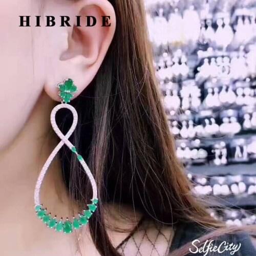 HIBRIDE European Classic Style Big Flower Pendant Long Earring For Women White Green CZ Stone Drop Earrings Jewelry E-456