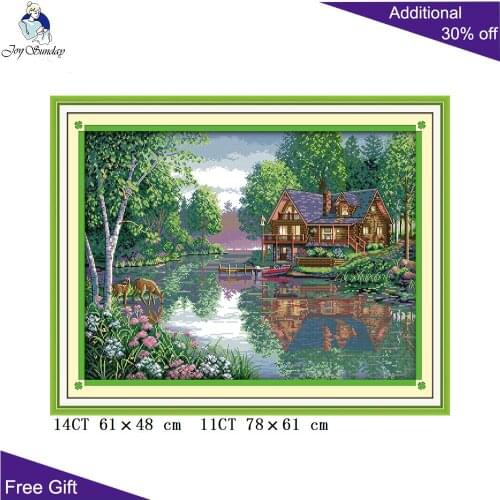 Joy Sunday Leisure Hut F403 Counted and Stamped Home Decor Forest Fawn Creek House Embroidery DIY Cross Stitch kits