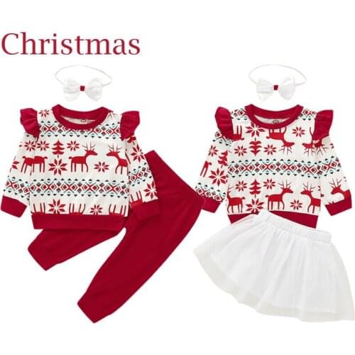 Cute Xmas Deer Toddler Infant Baby Girls Long Sleeve Tops Pants Skirt Autumn Winter Warm Outfits Clothes Set Red