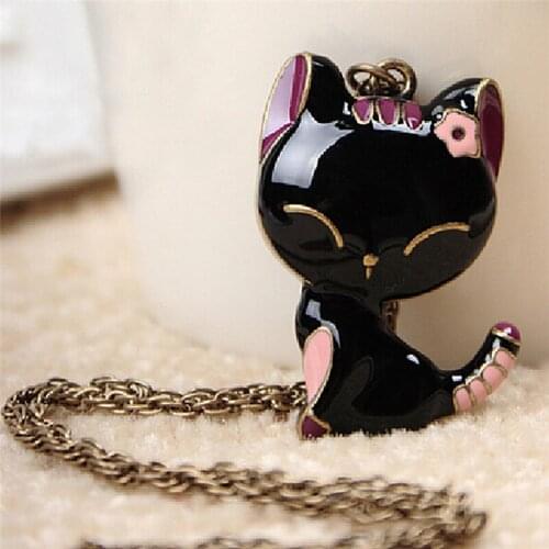 Fashion Retro Jewelry Black Drip Paint Smile Cat Pendants Long Necklace Sweater Chain Gift For Women Lady