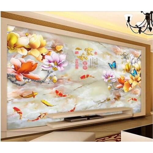 WDBH custom mural 3d photo wallpaper Marble magnolia flower fish tv background home decor living room wallpaper for walls 3 d