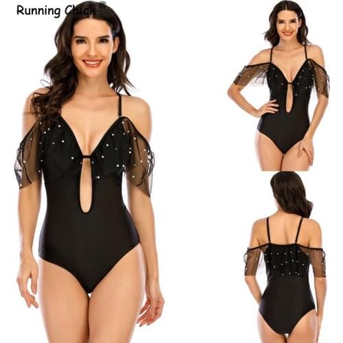2021 New Bikini Solid Color Deep V Mesh Ruffled One-piece Swimsuit Female Bikini, Sexy Bathing Suit Women
