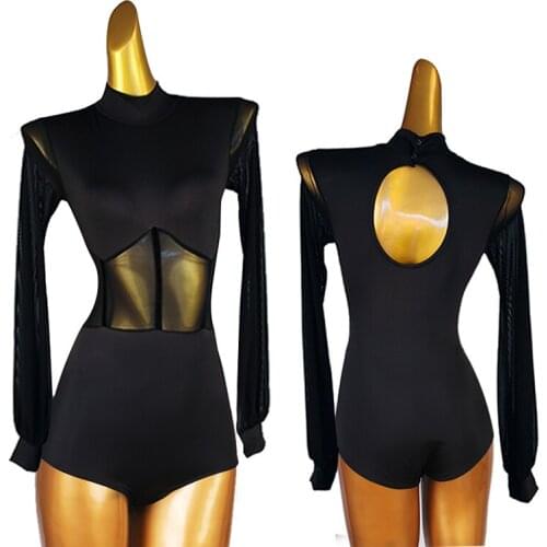 New Latin Dance Clothes Retro Lantern Sleeve Modern Dance Tops Sexy Rumba Tango Dance One-Piece Ballroom Dance Jumpsuit DQL5317