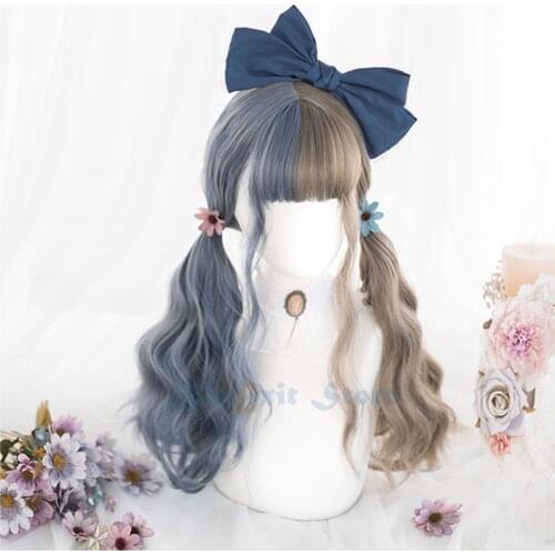 Harajuku Mixed Gray Blue Brown Lolita Wig Long Curly Synthetic Hair Fringe Bangs Adult Girls Halloween Body Wave Wig