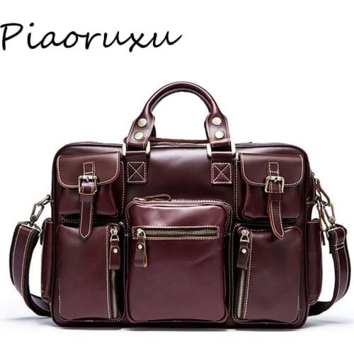 Mens Vintage crazy horse Leather briefcase 16" Real leather Business bag Cow leather Laptop messenger bag Big work tote