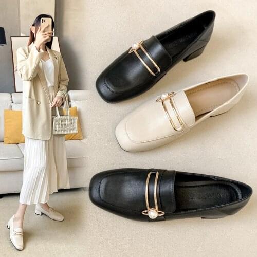 Metal Buckle Mary Jeans Women Low Heels Pearl Flats Square Toe Loafers Ladies Work Shoes Lolita Slip On Moccasins Big Size 42/43