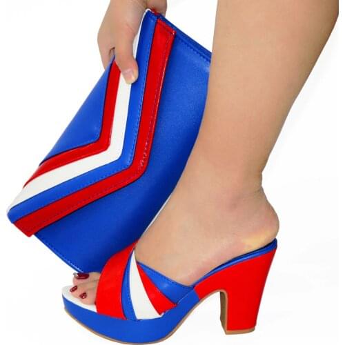 Blue Color Italian design Ladies Shoe with Matching Bags High Quality African Shoe and Bag Set for Party In Women Heels Slippers