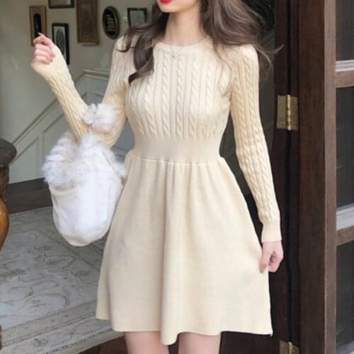 ZAWFL 2021 New Spring Autumn Knitted Sweater Dress Women A-line Solid High Waist Vestidos Elegant Korean Mini Dresses