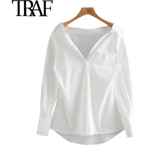 TRAF Women Fashion With Pockets Asymmetric Blouses Vintage Long Sleeve Button-up Female Shirts Chic Tops