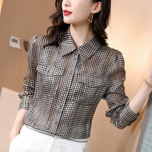 Office Lady Natural Real Silk Blouse Elegant Vintage Plaid Turn-down Collar Long Sleeve Spring Autumn Women Work Shirt Blouse