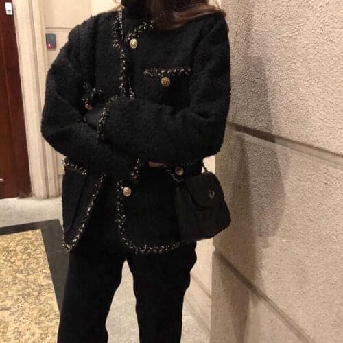 Women Fall Winter Korean Casual Outerwear 2021 Female Black Tweed Jackets Coats Cropped Striped Kawaii Vintage Fashion Suit Coat