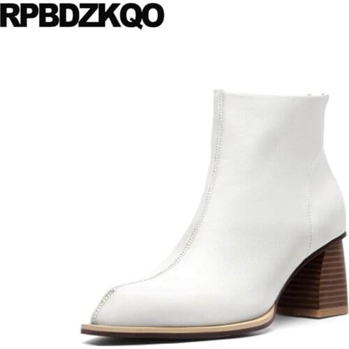 Pointy Genuine Leather Chunky Ankle Pointed Toe Black Boots Autumn Block 2021 Fall High Heel Ladies Luxury Brand Shoes Women New