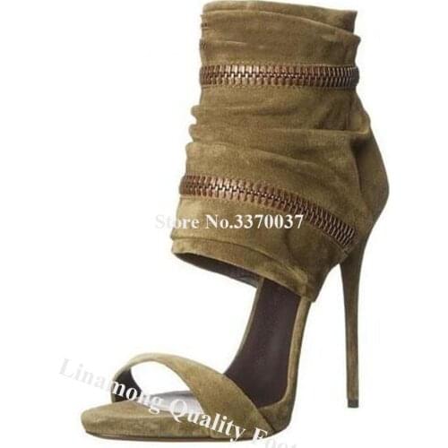 Women Fashion Open Toe Suede Leather Stiletto Heel Gladiator Short Boots Army Green Cut-out Ankle Wrap High Heel Ankle Booties