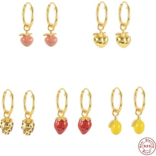 GS 925 Sterling Silver Fruit Collection Drop Earrings Hot Enamel Lemon Strawberry Charm Pendant Dangle Earrings Summer Jewelry