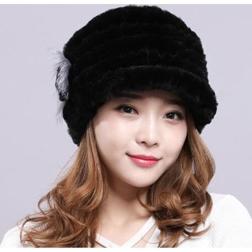 Womens winter Visors of Genuine rex rabbit fur Short brim baseball caps with flower knitted warm fur hats 7 colors H17