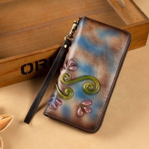 Women Genuine Leather Clutch Handy Bag Purse ID/Credit Cards Zipper Female Dimensional Printing Long Wallet Wrist Bag New