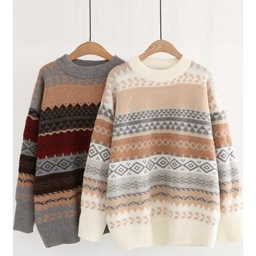 Women Oversized Thin Sweater Vintage Geometry Loose Pullover Streetwear Autumn Knitted Jumper Femme 2021 Sueter Mujer