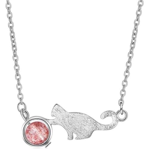 Korean edition simple personality fresh lovely cat double color crystal student style female silver plated necklaces SE094