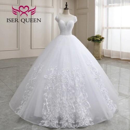 Short Sleeves Sheer Neck Wedding Gowns Women Heavy Crystal Beading See Through Back Embroider Appliques Wedding Dress WX0181