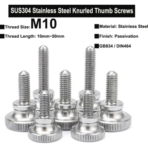 2Pcs M10x10mm~50mm SUS304 Stainless Steel Knurled Thumb Screws Galvanized GB834 DIN464 High Step Head Hand Tighten Thumb Screw