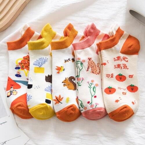 5Pairs Lovely Little Squirrel Tomato Potting Pot Cheetah Flower Bird Cartoon Ankle Short Cotton Socks Cat Hedgehog Bike Kawaii