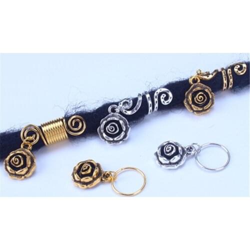 5Pcs/Pack Hair Braid Dread Hair Styling Tools Rose Flower Metal Silver Different Charms Beads Rings Hair Accessories for Braids