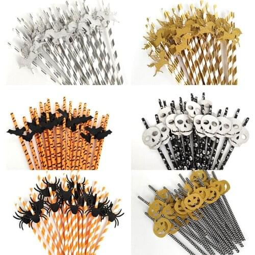 50/100 pcs Halloween Party Decor Paper Straws Spider Bat Skull Disposable Ghost Drinking Straws For Festival Supplies Party Bar